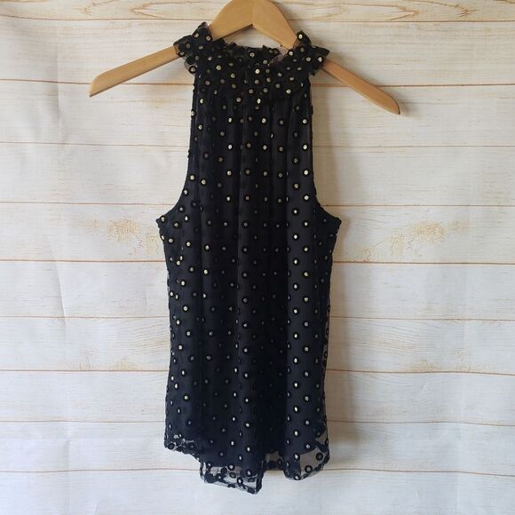 LOFT Metalilic Polka Dot Ruffle High Neck Sleeveless Mesh Shell Blouse Medium - Picture 2 of 10